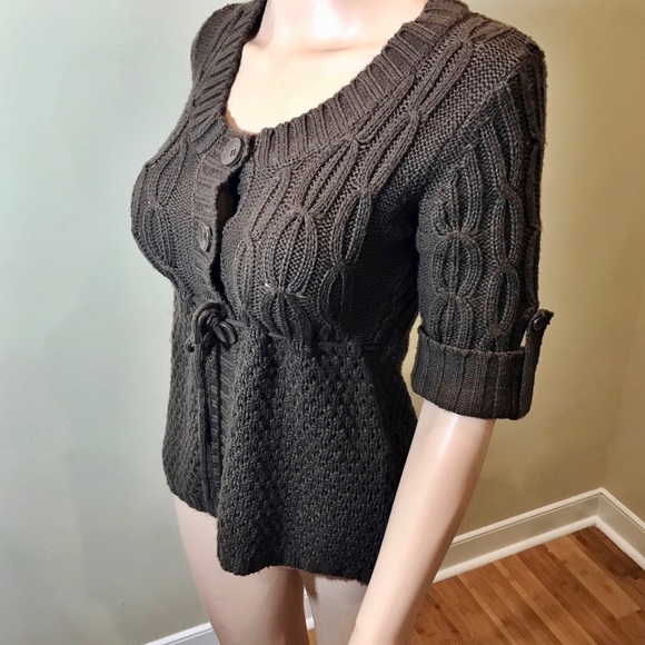 Brown Tab Sleeved Button Down Empire Waist Sweater - Picture 2 of 4